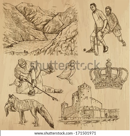 Travel : SCANDINAVIA set no.1 (Denmark, Norway, Sweden and Island). Collection of hand drawn illustrations. Each drawing comprises two or three layers of outlines, the colored background is isolated.