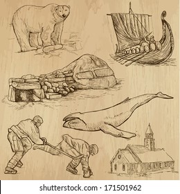 Travel : SCANDINAVIA set no.2 (Denmark, Norway, Sweden and Island). Collection of hand drawn illustrations. Each drawing comprises two or three layers of outlines, the colored background is isolated.