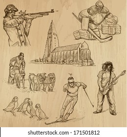 Travel : SCANDINAVIA set no.3 (Denmark, Norway, Sweden and Island). Collection of hand drawn illustrations. Each drawing comprises two or three layers of outlines, the colored background is isolated.