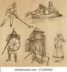 Travel : SCANDINAVIA set no.6 (Denmark, Norway, Sweden and Island). Collection of hand drawn illustrations. Each drawing comprises two or three layers of outlines, the colored background is isolated.
