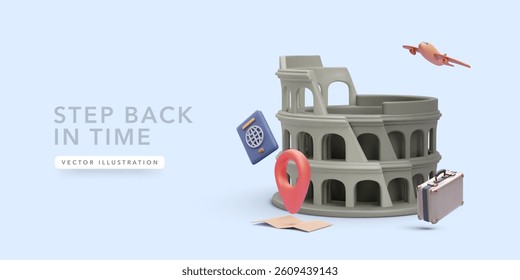 Travel Scene Featuring Colosseum, Airplane, Passport, Luggage, Map, And Location Pin In 3D Cartoon Style. Perfect For Tourism, History, And Rome-Themed Projects. Vector Illustration.