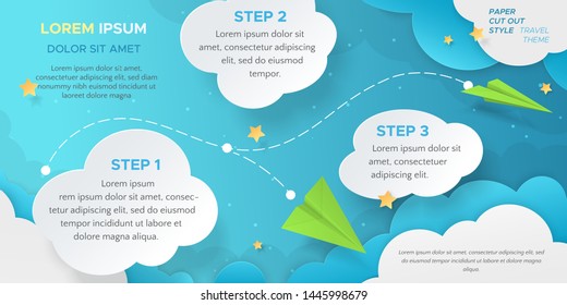 Travel scene with green paper airplanes flying among clouds and stars. Vector layout in paper cut style with 3d origami aircraft for design of flyers, banners, leaflets. Carving art on blue background