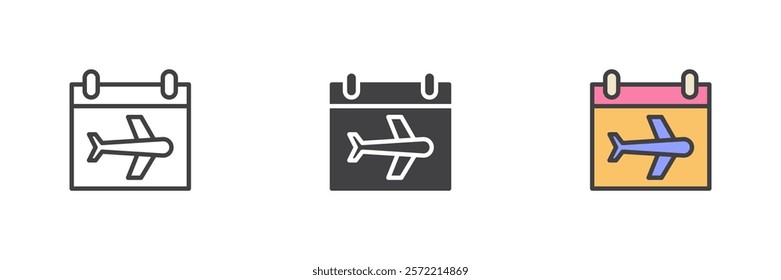 Travel schedule different style icon set. Line, glyph and filled outline colorful version, outline and filled vector sign. Calendar page with airplane symbol, logo illustration. Vector graphics