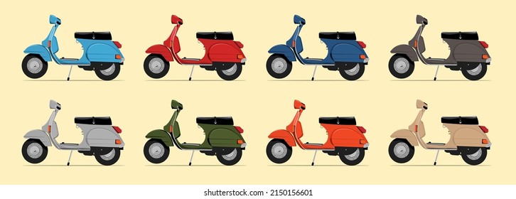 Travel scooter in Italian style. Colorful motorcycle. Vintage scooter illustration.