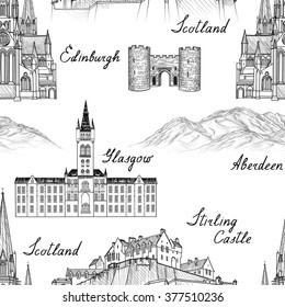 Travel Scotland famous cities landmark with handmade calligraphy. Edinburgh, Glasgow, Aberdeen city seamless pattern. Architectural monuments and buildings engraved sketch UK textured background