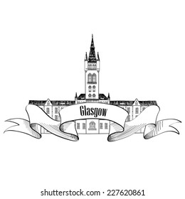 Travel Scotland sign. Glasgow University, UK. English city famous building. Vector label isolated.