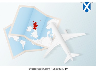 Travel to Scotland, top view airplane with map and flag of Scotland. Travel and tourism banner design.