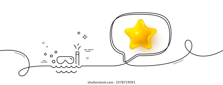 Travel scuba diving line icon. Continuous line with 3d star. Trip swimming sign. Holidays symbol. 3d star in speech bubble. Scuba diving single line ribbon. Loop curve pattern. Vector