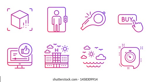 Travel sea, Augmented reality and Like video line icons set. Hotel, Whistle and Elevator signs. Buy button, Timer symbols. Summer holidays, Virtual reality. Business set. Vector