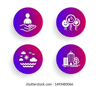 Travel sea, Like and Recruitment icons simple set. Halftone dots button. Skyscraper buildings sign. Summer holidays, Social media likes, Hr. Town architecture. Business set. Vector