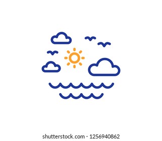 Travel sea line icon. Sun, clouds and waves sign. Summer holidays symbol. Colorful outline concept. Blue and orange thin line color Travel sea icon. Vector