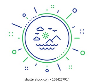 Travel sea mountains line icon. Sun, clouds and waves sign. Summer holidays symbol. Quality design elements. Technology sea mountains button. Editable stroke. Vector