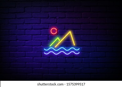 Travel sea mountains line icon. Neon laser lights. Sun and waves sign. Summer holidays symbol. Banner badge with sea mountains icon. Vector