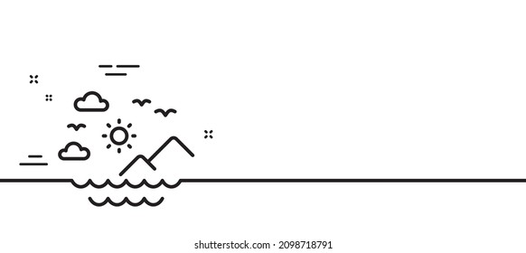 Icono de la línea de las montañas del mar de viajes. Señal de sol, nubes y olas. Símbolo de vacaciones de verano. Fondo mínimo de la ilustración de línea. Banner de patrón de icono de la línea de montañas marinas. Concepto de plantilla web blanca. Vector