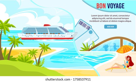 Travel in sea on water transport web banner template, vector illustration. Marine ship cruise, sailboat floating on water, tropical island and ocean beach with sunbathing girl. summer beach vacation.