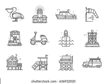 Travel sea side icon set. Summer sea vacation collection with typical seaside town or fishing village elements in line art. Including scooter, surfing car, message bottle, lighthouse, boat and more.