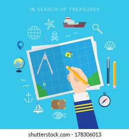 Travel for sea treasures flat style vector icon set
