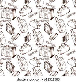 Travel seamless background with travel bags and suitcases. Hand drawn summer holidays pattern. Vector illustration