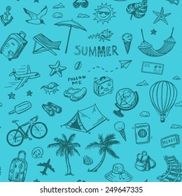 Travel seamless background. Hand drawn summer holidays pattern.