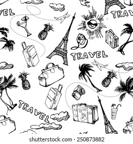 Travel seamless background. Hand drawn summer holidays pattern. Vector illustration