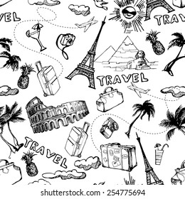 Travel seamless background. Hand drawn summer holidays pattern. Vector illustration