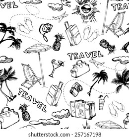 Travel seamless background. Hand drawn summer holidays pattern. Vector illustration