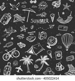 Travel seamless background. Hand drawn summer holidays pattern.