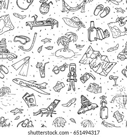 Travel seamless background. Hand drawn doodles pattern
