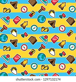 Travel seamless cartoon pattern. Trip. Hiking, camping stickers on brushstrokes color background