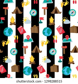 Travel seamless color vector pattern. Trip, hiking, camping attributes on striped background