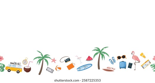 Travel seamless long background. Fun seamless travel pattern with vacation essentials minivan, suitcases, palm trees, cocktails, and more. 