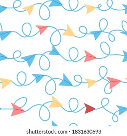 Travel seamless pattern, abstract simple travel, trip or vacation theme background with cartoon paper plane, and strips on white - vector endless texture or scrapbook digital paper