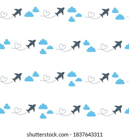 Travel seamless pattern, abstract simple travel, trip or vacation theme background with cartoon paper plane, clouds and strips on white - vector endless texture or scrapbook digital paper