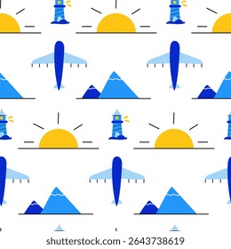 Travel seamless pattern with airplane, sun, mountains and lighthouse. Trip to the sea.