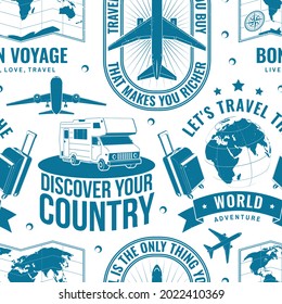 Travel seamless pattern or background with design element. Seamless scene with travel inspiration quotes, globe, airplane, suitcase, cocktail silhouette Vector illustration. Motivation for traveling