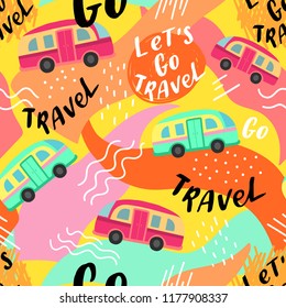 Travel seamless pattern with bus and roads for print, textile, fabric. Modern colorful memphis kids background.