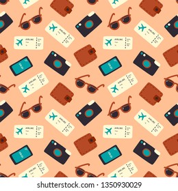 Travel seamless pattern with camera, ticket, smartphone, sunglasses and wallet. Vector doodle hand drawing print