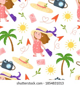 Travel seamless pattern cartoon, traveling girl in sun hat and summer vacation stuff - camera, suitcase, post stamp, palm tree, branch, sun, paper plane - vector backgroundor scrapbook digital paper