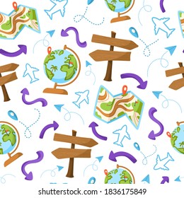 Travel seamless pattern cartoon, travel or vacation theme accessories - map, road pointer, globe, plane, arrowa and map mark - vector background or scrapbook digital paper