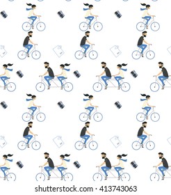 Travel seamless pattern, couple riding bicycle