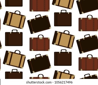 Travel seamless pattern of different bags, backpacks, cases and travel bag, suitcase. Flat isometric icons illustration. Seamless pattern for traveling, hiking, flying, resting, vacation. Vector.