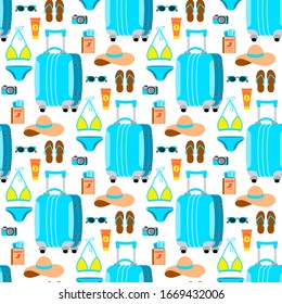 Travel seamless pattern isolated on white background. Flat design cartoon style suitcase with women things vector endless print. Summer vacation background with traveling accessories.