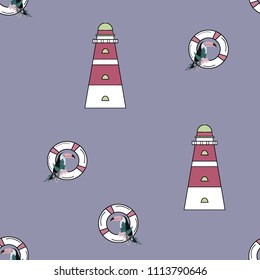 Travel seamless pattern with lighthouse and toucan. Marine background with a beacon of lifebuoys. Toucan. Summer pattern with a beacon for covers, cloth and paper.