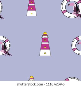 Travel seamless pattern with lighthouse and toucan. Marine background with a beacon of lifebuoys. Toucan. Summer pattern with a beacon for covers, cloth and paper.