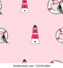 Travel seamless pattern with lighthouse and toucan. Marine background with a beacon of lifebuoys. Toucan. Summer pattern with a beacon for covers, cloth and paper.