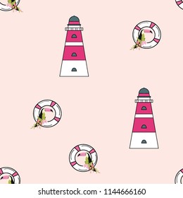 Travel seamless pattern with lighthouse and toucan. Marine background with a beacon of lifebuoys. Toucan. Summer pattern with a beacon for covers, cloth and paper.