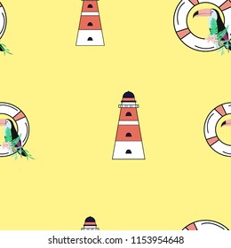 Travel seamless pattern with lighthouse and toucan. Marine background with a beacon of lifebuoys. Toucan. Summer pattern with a beacon for covers, cloth and paper.