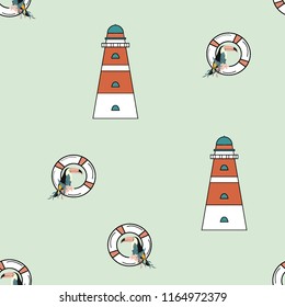 Travel seamless pattern with lighthouse and toucan. Marine background with a beacon of lifebuoys. Toucan. Summer pattern with a beacon for covers, cloth and paper.