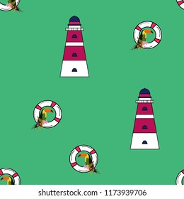 Travel seamless pattern with lighthouse and toucan. Marine background with a beacon of lifebuoys. Toucan. Summer pattern with a beacon for covers, cloth and paper.
