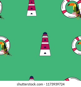 Travel seamless pattern with lighthouse and toucan. Marine background with a beacon of lifebuoys. Toucan. Summer pattern with a beacon for covers, cloth and paper.